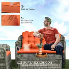 Outsunny Four-Piece Rattan Sofa Set, with Glass-Top Table - Orange - 5