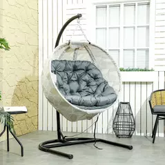 Outsunny Hanging Egg Chair Outdoor Indoor Garden Swing Chair with Folding Basket, Garden Hanging Chair with Stand, Thickened Cushion, Cup Holder for Patio, Balcony, Grey - 2