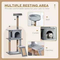 PawHut Cat Tree Tower 142cm Climbing Kitten Activity Center with Jute Scratching Post Board, Removable Felt Hanging Toy, Grey - 4