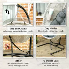 Outsunny Hanging Egg Chair Outdoor Indoor Garden Swing Chair with Folding Basket, Garden Hanging Chair with Stand, Thickened Cushion, Cup Holder for Patio, Balcony, Grey - 7