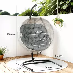 Outsunny Hanging Egg Chair Outdoor Indoor Garden Swing Chair with Folding Basket, Garden Hanging Chair with Stand, Thickened Cushion, Cup Holder for Patio, Balcony, Grey - 3