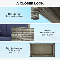 Outsunny Rattan Sofa, 2 Seater Garden Furniture with Soft Padded Cushion and Armrests, Wicker Garden Loveseat for Patio, Navy Blue - 6