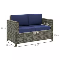 Outsunny Rattan Sofa, 2 Seater Garden Furniture with Soft Padded Cushion and Armrests, Wicker Garden Loveseat for Patio, Navy Blue - 3