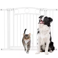 PawHut 77cm Tall Dog Gate with Cat Door, 7cm and 14cm Extensions, for Stairs, Doorways, 76-104cm Width - 1