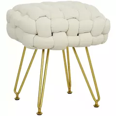 HOMCOM Velvet-Feel Bold Woven Footstool - Cream White - 1