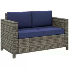 Outsunny Rattan Sofa, 2 Seater Garden Furniture with Soft Padded Cushion and Armrests, Wicker Garden Loveseat for Patio, Navy Blue - 1