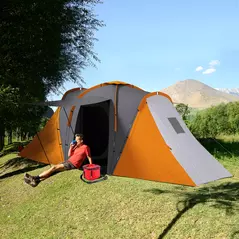 Outsunny Large Camping Tent Tunnel Tent with 2 Bedroom and Living Area, 2000mm Waterproof, Portable with Bag for 4-6 Man, Orange - 2