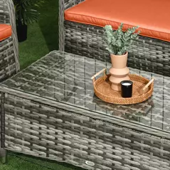Outsunny Four-Piece Rattan Sofa Set, with Glass-Top Table - Orange - 9