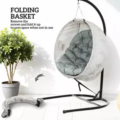 Outsunny Hanging Egg Chair Outdoor Indoor Garden Swing Chair with Folding Basket, Garden Hanging Chair with Stand, Thickened Cushion, Cup Holder for Patio, Balcony, Grey - 6