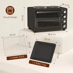 HOMCOM 28L Mini Oven with 2 Hot Plates, Countertop Toaster Oven, Grill, Roast, Bake, Boil, with Timer, Adjustable Temperature, Electric Oven with Baking Tray, Grill Rack, Crumb Tray, 2600W, Black - 3