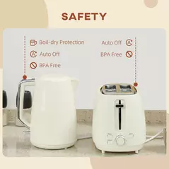 HOMCOM Kettle and Toaster Set, 1.7L 3000W Fast Boil Kettle & 2 Slice Toaster Kitchen Set with 7 Level Browning Controls, Defrost, Reheat, Boil-dry Protection, Cream White - 7