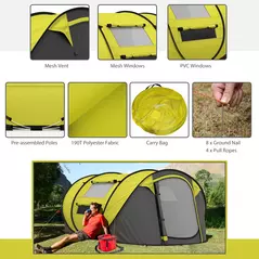 Outsunny 4 Person Pop-up Camping Tent Family Tent with Ground Sheet, 4 Windows and Portable Carry Bag for Beach Outdoor Trip, Yellow - 7