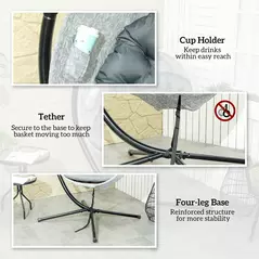 Outsunny Hanging Egg Chair Outdoor Indoor Garden Swing Chair with Folding Basket, Thickened Cushion, Cup Holder for Patio, Balcony, Grey - 7