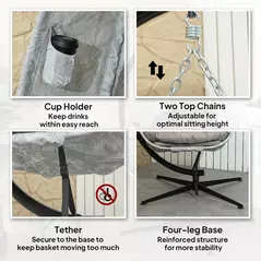 Outsunny Hanging Egg Chair Outdoor Indoor Garden Swing Chair with Folding Basket, Garden Hanging Chair with Stand, Thickened Cushion, Cup Holder for Patio, Balcony, Sand Brown - 7