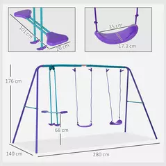 Outsunny Metal Swing Set, with Seesaw, Adjustable Height, for Ages 3+ Years, Purple - 3