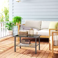 Outsunny Outdoor Rattan Coffee Table with Tempered Glass Top, Storage Shelf, Foot Pads, for Patio, Balcony, Mixed-grey - 9