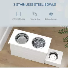 PawHut Raised Dog Bowls w/ Slow Feeder Mat, Storage Cabinet, Three Stainless Steel Bowls, Semi Auto Dispenser Function, White - 7