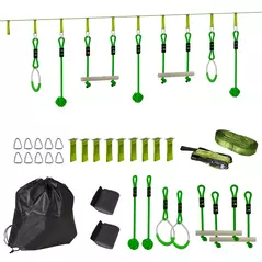 AIYAPLAY 7-Piece Kids Zip Line Kit for Garden, 10m Kids Slackline Kit with Wooden Monkey Bars, Metal Rings, Gripping Balls, Green - 1