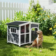 PawHut Wooden Dog Kennel with Removable Floor, Asphalt and Openable Roof, Giant Window for Large Dogs, Charcoal Grey - 2