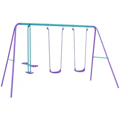 Outsunny Metal Swing Set, with Seesaw, Adjustable Height, for Ages 3+ Years, Purple - 1