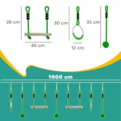 AIYAPLAY 7-Piece Kids Zip Line Kit for Garden, 10m Kids Slackline Kit with Wooden Monkey Bars, Metal Rings, Gripping Balls, Green - 3