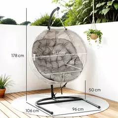 Outsunny Hanging Egg Chair Outdoor Indoor Garden Swing Chair with Folding Basket, Garden Hanging Chair with Stand, Thickened Cushion, Cup Holder for Patio, Balcony, Sand Brown - 3