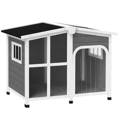 PawHut Wooden Dog Kennel with Removable Floor, Asphalt and Openable Roof, Giant Window for Large Dogs, Charcoal Grey - 1