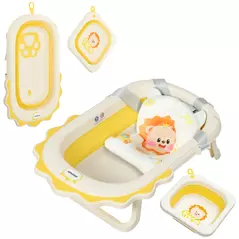 AIYAPLAY Foldable Baby Bath Tub Set with Bath Cushion, Wash Basin, Non-Slip Stand, Bottom, Yellow - 1