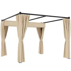 Outsunny 3 x 3(m) Retractable Pergola, Garden Gazebo Shelter with Curtains, for Grill, Patio, Deck, Beige - 1