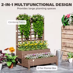 Outsunny 2-Tier Raised Garden Bed with Trellis, Wooden Elevated Planter Box with Drainage Holes, Outdoor Raised Planter for Climbing Plants, Fruits, Vegetables, Flowers, Brown - 4