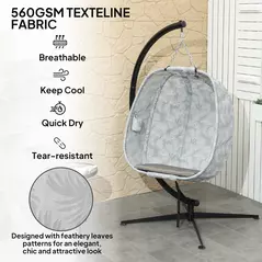 Outsunny Hanging Egg Chair Outdoor Indoor Garden Swing Chair with Folding Basket, Garden Hanging Chair with Stand, Thickened Cushion, Cup Holder for Patio, Balcony, Sand Brown - 5