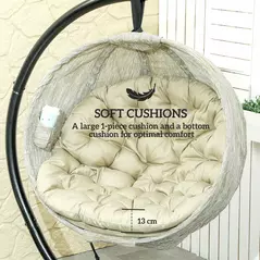 Outsunny Hanging Egg Chair Outdoor Indoor Garden Swing Chair with Folding Basket, Thickened Cushion, Cup Holder for Patio, Balcony, Khaki - 4