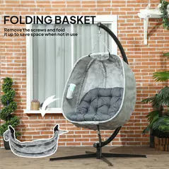 Outsunny Hanging Egg Chair Outdoor Indoor Garden Swing Chair with Folding Basket, Garden Hanging Chair with Stand, Thickened Cushion, Cup Holder for Patio, Balcony, Grey - 6