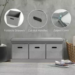 HOMCOM Three-Drawer Shoe Storage Bench, with Padded Top Seat - Grey - 6