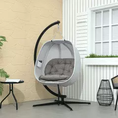 Outsunny Hanging Egg Chair Outdoor Indoor Garden Swing Chair with Folding Basket, Garden Hanging Chair with Stand, Thickened Cushion, Cup Holder for Patio, Balcony, Sand Brown - 2