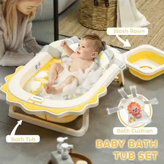 AIYAPLAY Foldable Baby Bath Tub Set with Bath Cushion, Wash Basin, Non-Slip Stand, Bottom, Yellow - 4