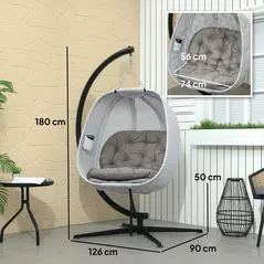 Outsunny Hanging Egg Chair Outdoor Indoor Garden Swing Chair with Folding Basket, Garden Hanging Chair with Stand, Thickened Cushion, Cup Holder for Patio, Balcony, Sand Brown - 3