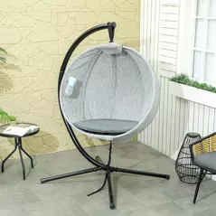Outsunny Hanging Egg Chair Outdoor Indoor Garden Swing Chair with Folding Basket, Thickened Cushion, Cup Holder for Patio, Balcony, Grey - 9