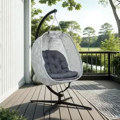 Outsunny Hanging Egg Chair Outdoor Indoor Garden Swing Chair with Folding Basket, Garden Hanging Chair with Stand, Thickened Cushion, Cup Holder for Patio, Balcony, Grey - 8