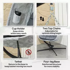 Outsunny Hanging Egg Chair Outdoor Indoor Garden Swing Chair with Folding Basket, Garden Hanging Chair with Stand, Thickened Cushion, Cup Holder for Patio, Balcony, Grey - 7