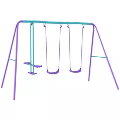 Outsunny Metal Swing Set, with Seesaw, Adjustable Height, for Ages 3+ Years, Purple - 1