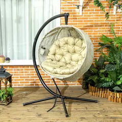 Outsunny Hanging Egg Chair Outdoor Indoor Garden Swing Chair with Folding Basket, Thickened Cushion, Cup Holder for Patio, Balcony, Khaki - 8