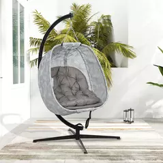 Outsunny Hanging Egg Chair Outdoor Indoor Garden Swing Chair with Folding Basket, Garden Hanging Chair with Stand, Thickened Cushion, Cup Holder for Patio, Balcony, Sand Brown - 9