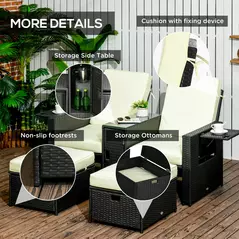 Outsunny 5PC PE Rattan Sun Lounger, Outdoor Wicker 5-level Adjustable Recliner Sofa Bed with Storage Side Table and Footstools, for Patio, Garden, Poolside, Black - 7