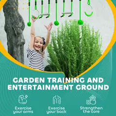 AIYAPLAY 7-Piece Kids Zip Line Kit for Garden, 10m Kids Slackline Kit with Wooden Monkey Bars, Metal Rings, Gripping Balls, Green - 6