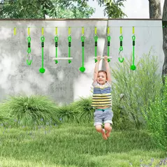 AIYAPLAY 7-Piece Kids Zip Line Kit for Garden, 10m Kids Slackline Kit with Wooden Monkey Bars, Metal Rings, Gripping Balls, Green - 2