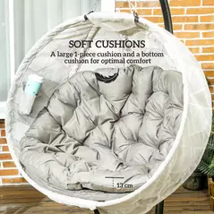 Outsunny Hanging Egg Chair Outdoor Indoor Garden Swing Chair with Folding Basket, Garden Hanging Chair with Stand, Thickened Cushion, Cup Holder for Patio, Balcony, Sand Brown - 4