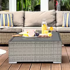 Outsunny Square PE Wicker Rattan Table, with Glass Top - Light Grey - 2