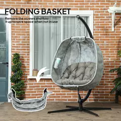 Outsunny Hanging Egg Chair Outdoor Indoor Garden Swing Chair with Folding Basket, Garden Hanging Chair with Stand, Thickened Cushion, Cup Holder for Patio, Balcony, Sand Brown - 6