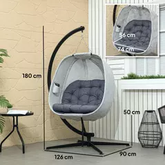 Outsunny Hanging Egg Chair Outdoor Indoor Garden Swing Chair with Folding Basket, Garden Hanging Chair with Stand, Thickened Cushion, Cup Holder for Patio, Balcony, Grey - 3